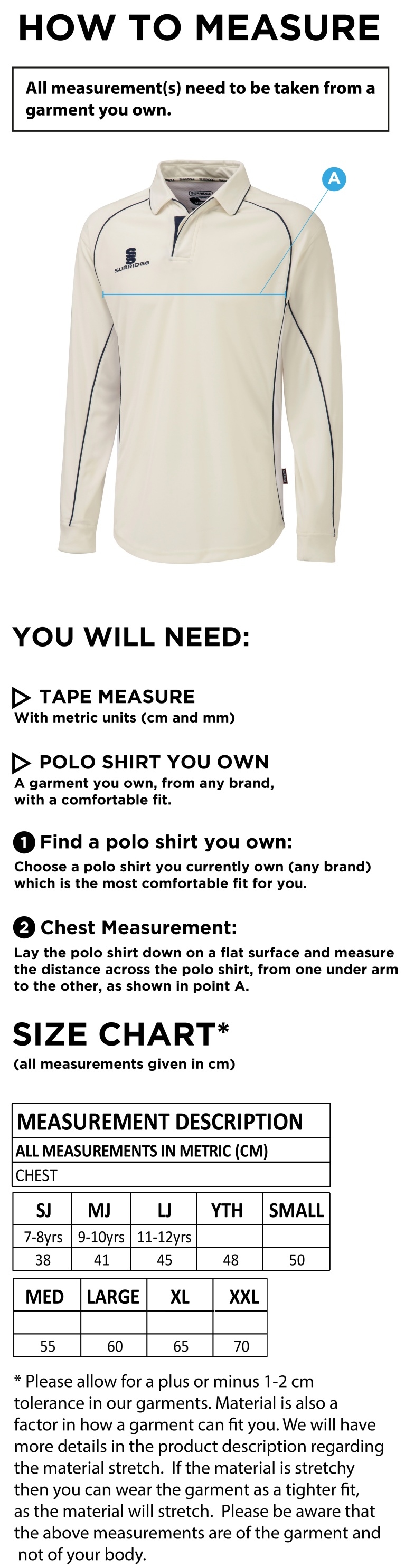 Little Munden CC - Premier Long Sleeve Shirt - Size Guide