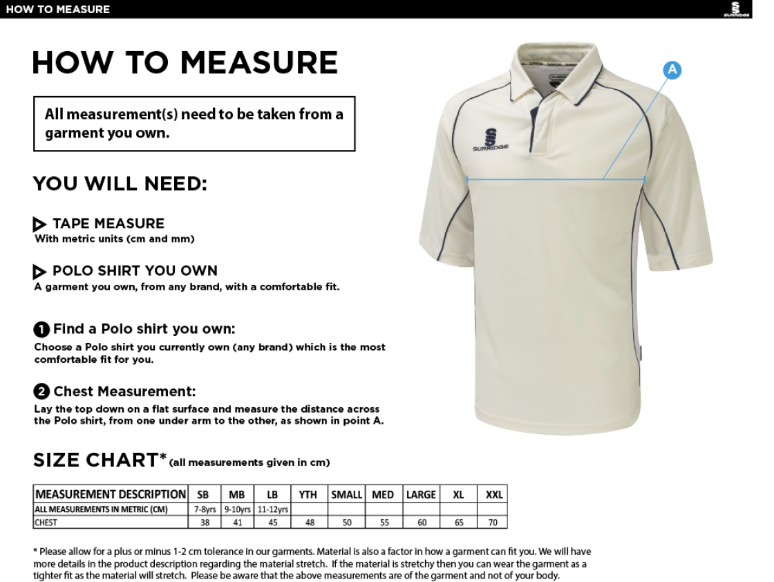 Little Munden CC - 3/4 Premier Shirt - Size Guide