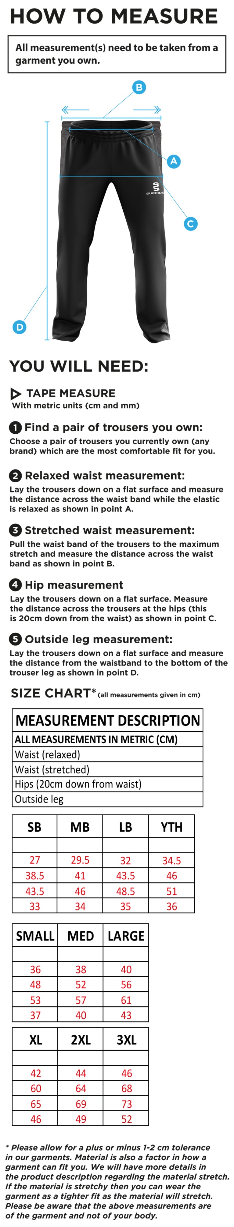 Little Munden CC - Rip Stop Tracksuit Pants - Size Guide