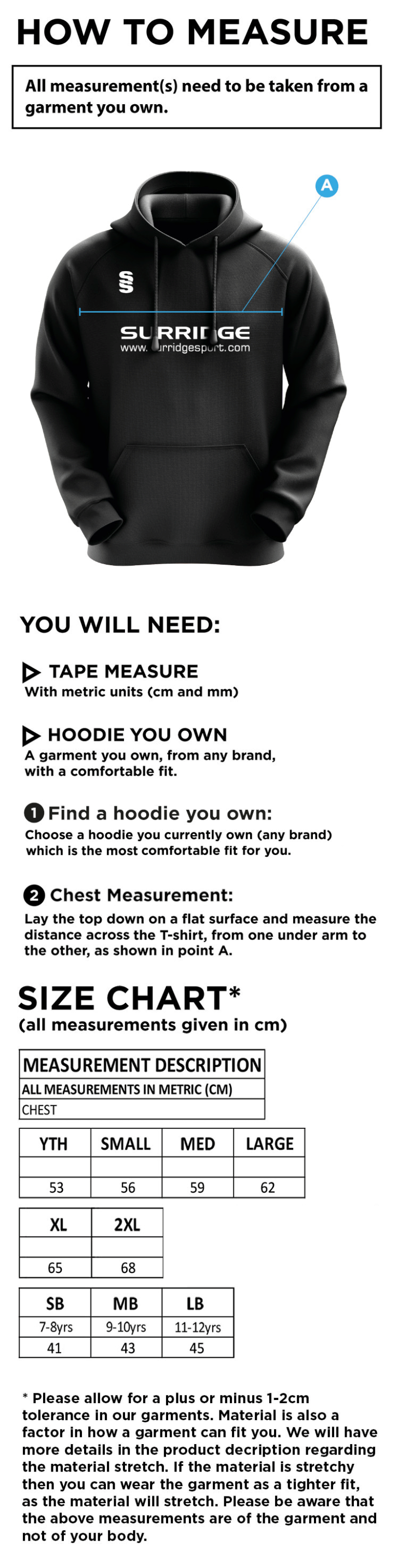 Little Munden CC - Blade Hoody - Size Guide
