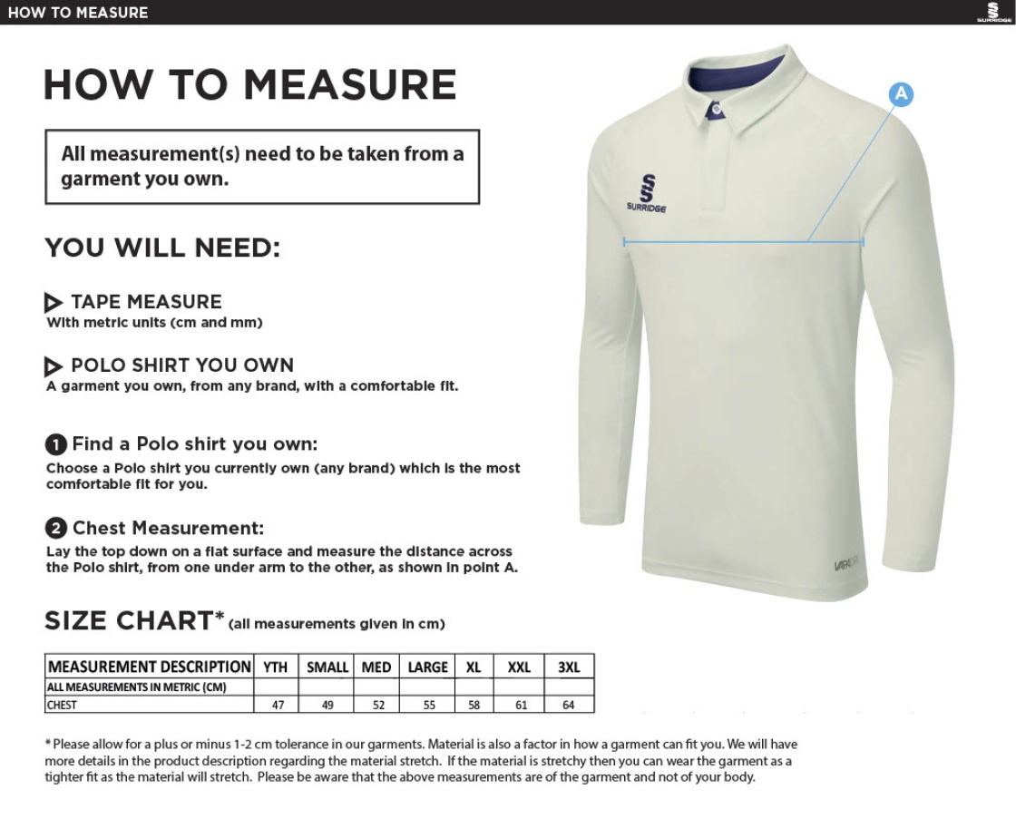Little Munden CC - Long Sleeve Tek Shirt - Size Guide