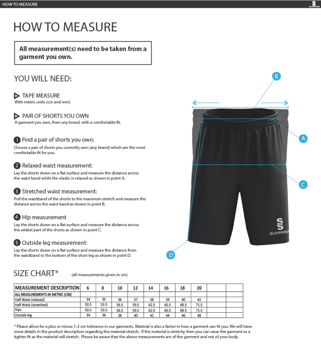 Little Munden CC - Women's Ripstop Training Shorts - Size Guide
