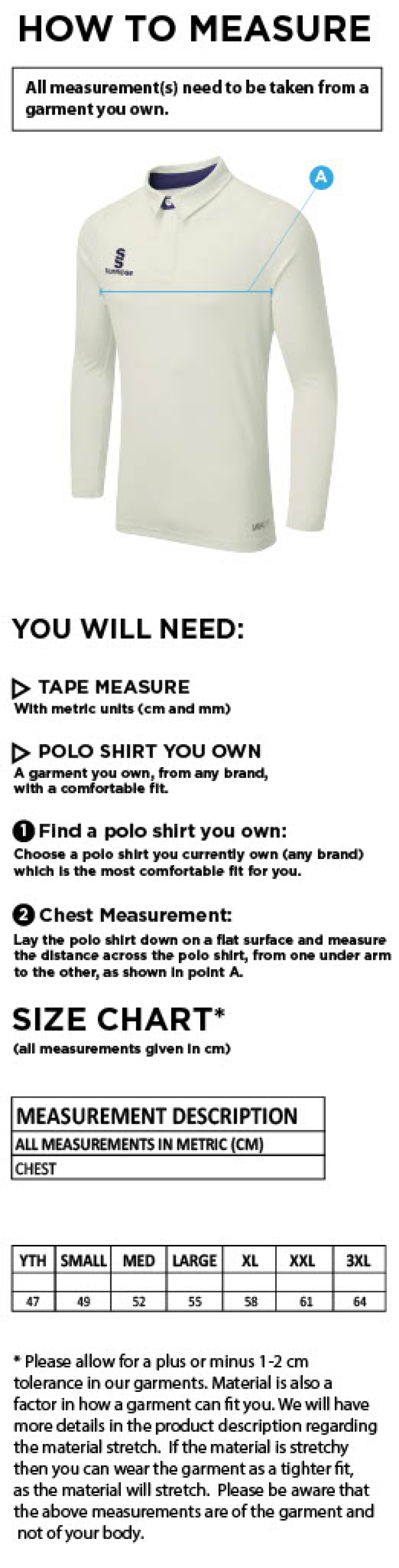 Little Munden CC - Long Sleeve Tek Shirt - Size Guide