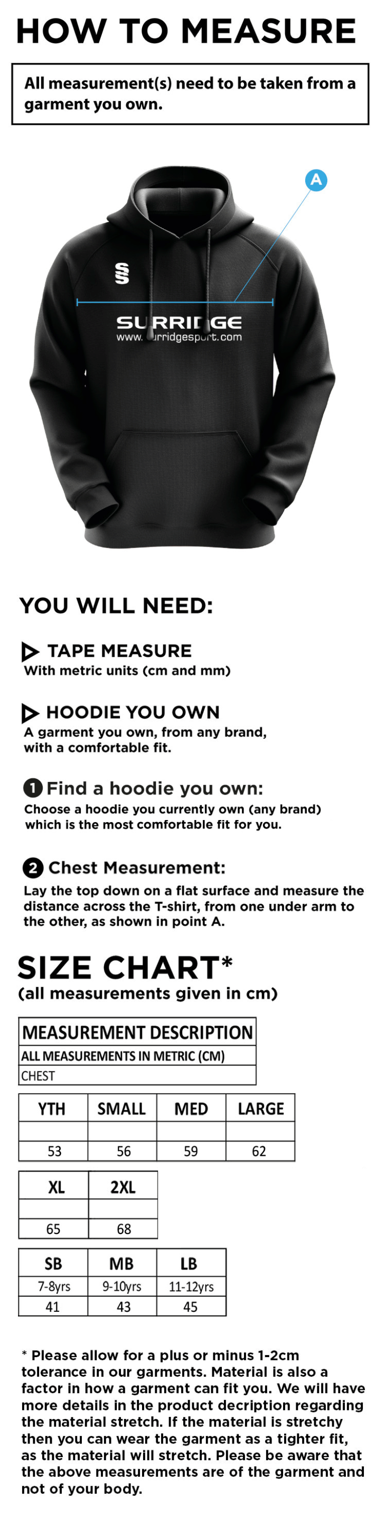 Little Munden CC - Blade Hoody - Size Guide