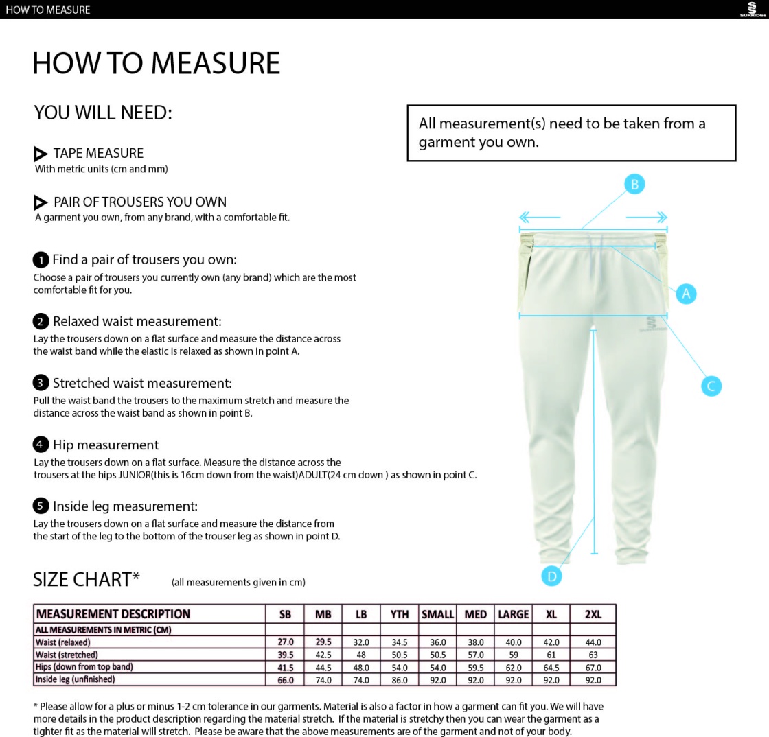 Little Munden CC - Tek Playing Trousers - Size Guide