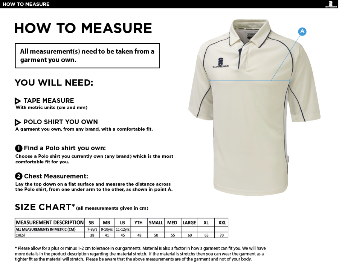 Little Munden CC - 3/4 Premier Shirt - Size Guide
