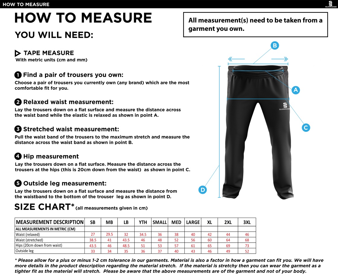 Little Munden CC - Rip Stop Tracksuit Pants - Size Guide