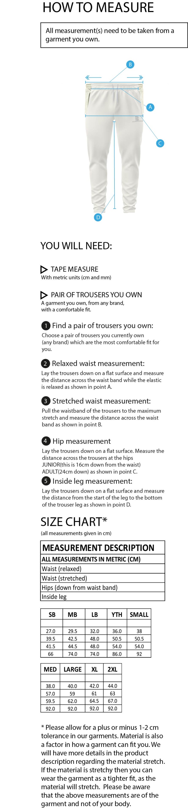 Little Munden CC - Tek Playing Trousers - Size Guide