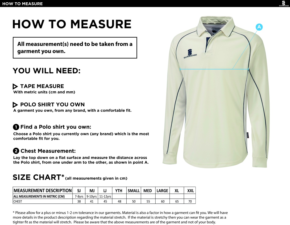 Little Munden CC - Premier Long Sleeve Shirt - Size Guide