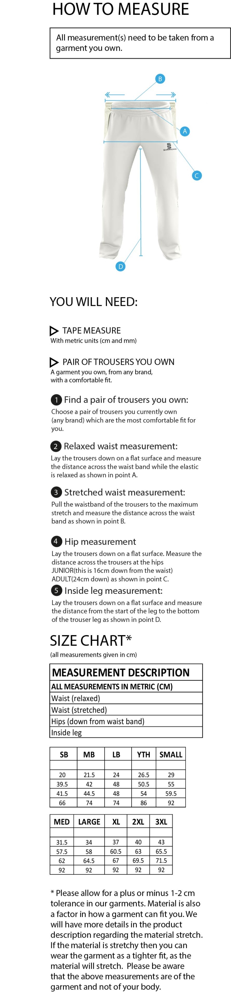 Little Munden CC - Standard Playing Pant - Size Guide